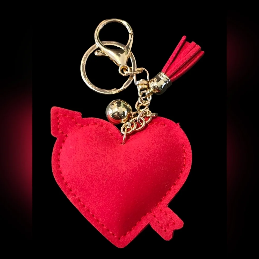 Heart-Shaped Red Bag Charm Keychain with Gold Accents